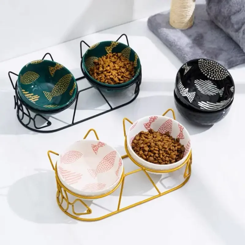 One-piece Double Bowls Cute Ceramic Slanted Mouth Protects Cervical Vertebrae To Prevent Overturning Food Water Fixed Pet Bowl