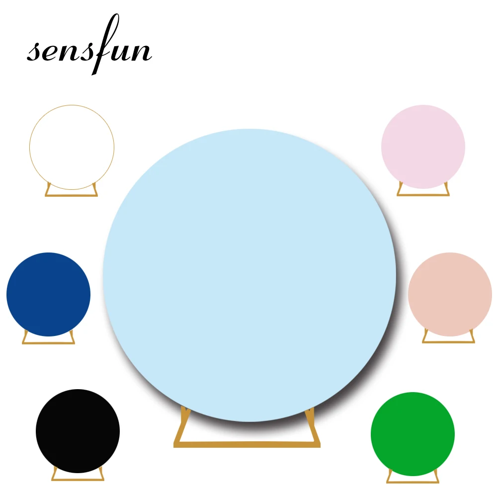 Housse de fond de scène ronde personnalisée bleu pur et blanc pour mariage, baby shower, anniversaire, décoration de fête, bannière de fond photo élastique