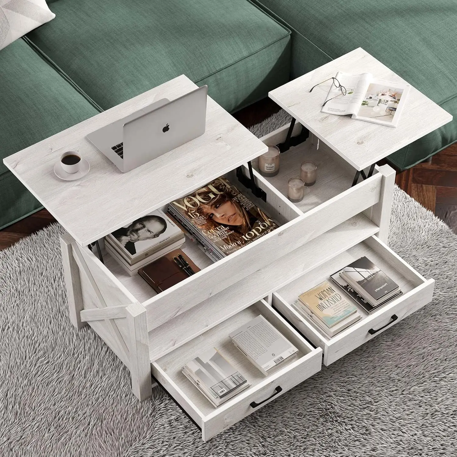 

47.2" Lift Top Coffee Table with 2 Storage Drawers and Hidden Compartment, Retro Center Table