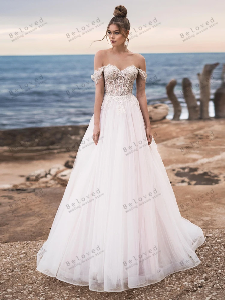 Vestidos De Novia Vintage para mujer, acampanada túnica De tul con hombros descubiertos, escote Corazón, Espalda descubierta, elegante, 2024