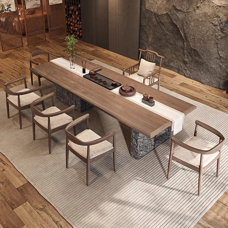 Wabi-sabi wind log large board tea table and chair combination simulation stone home  high-end club