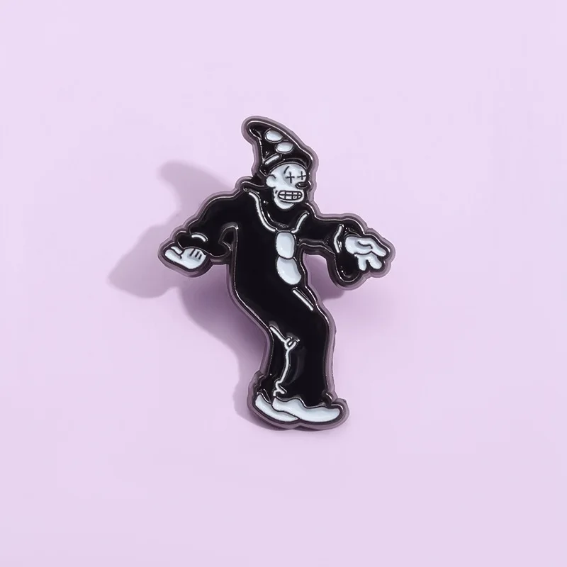  Black White Cartoon Dancing Clown Enamel Pin Brooch Metal Badge Punk Backpack Jacket Decor Gift For Goth Cartoon Lovers view 5
