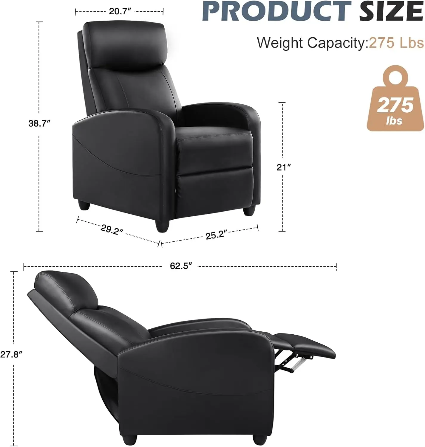 Recliner Chair for Adults, Massage PU Leather Small Recliner Home Theater Seating with Lumbar Support, Adjustable Modern Reclini