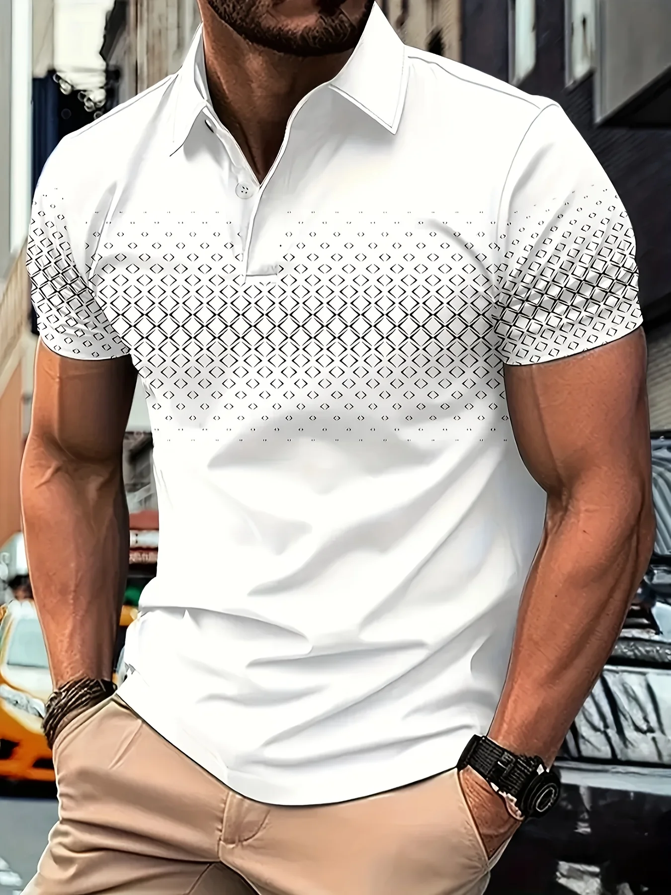 New men's short-sleeve polo shirt T-shirt, loose-fitting and tailored with printed patterns, versatile basic crew-neck top suita