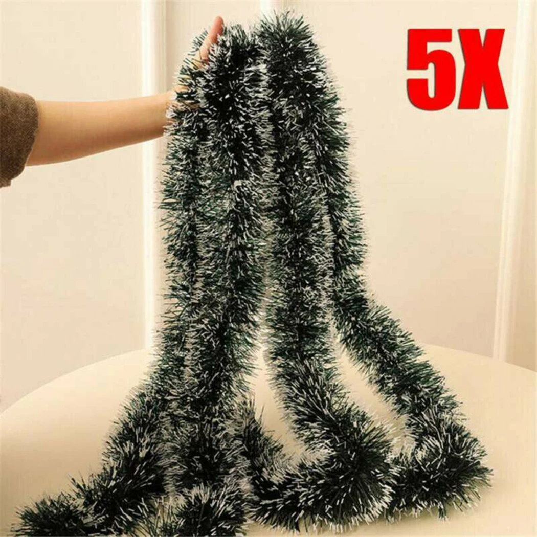 5PCS 2M Christmas Garland Decorations Chunky Tinsel Green White Trim Decor Strip For Home Party Wedding Wall Door Decor