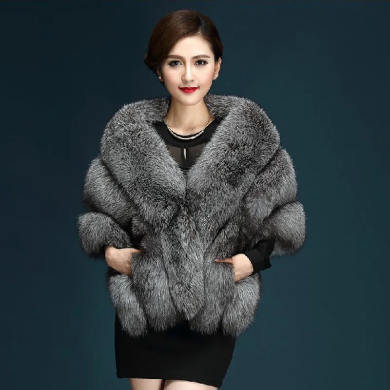 Women's Luxury Faux Fox Fur Shawl Wrap Elegant Fluffy Fake Fur Cape Coat Warm Winter Plush Poncho Outerwear for Party Wedding