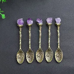 Natural Amethyst Spoons for Coffee Ice Cream Ore Rock Healing Crystals Cluster Spoon Vintage Home Dinning Room Decoration Gift