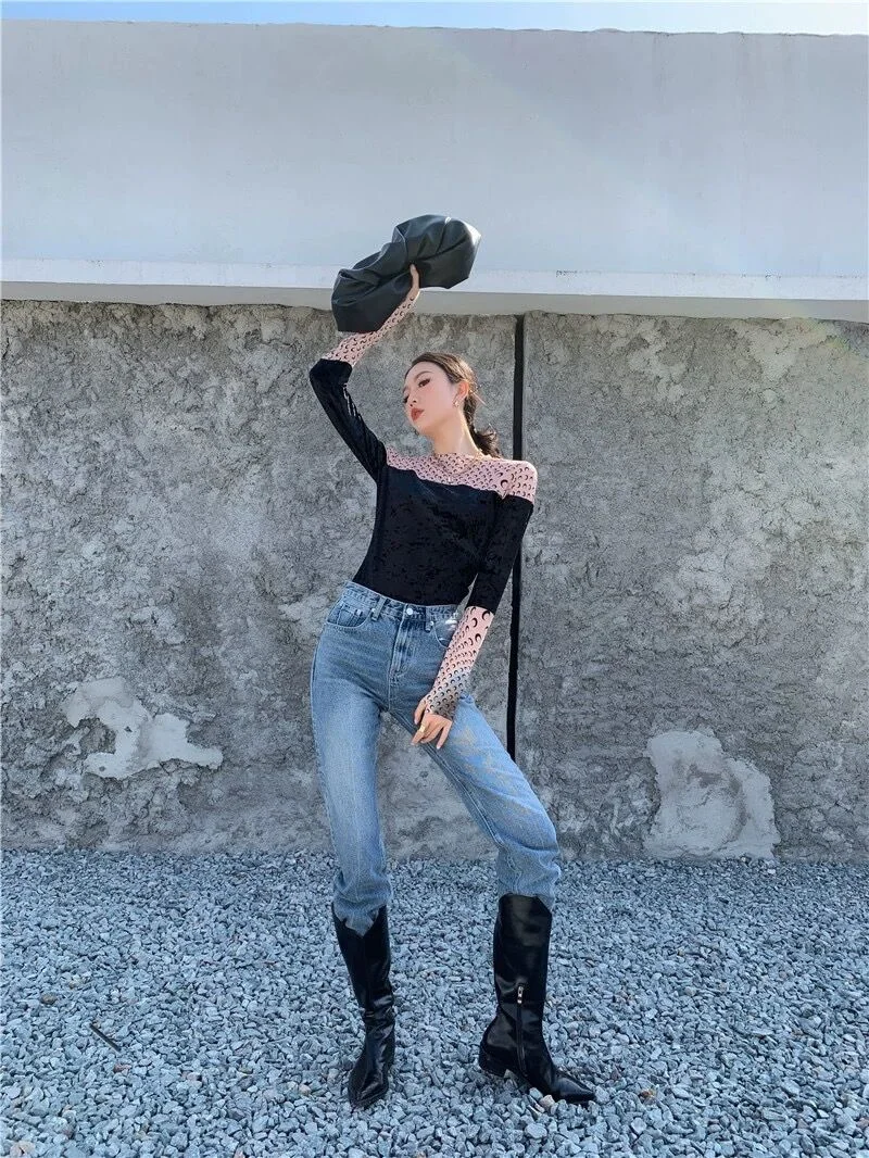 Summer New Spell Color Fashion Women T-Shirt Casual Slim Street Woman T-Shirt Simple Long Sleeved Top Female Chicly