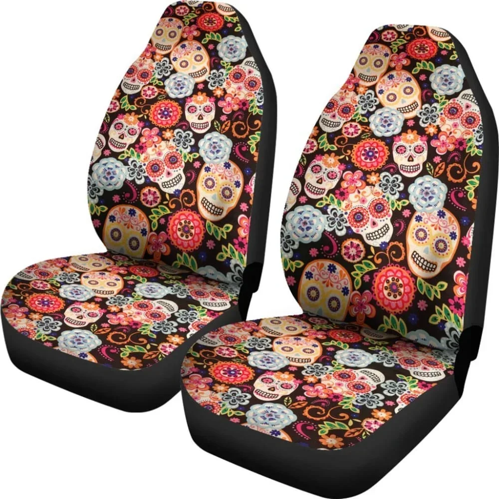 2 Pcs Sugar Skull Car Seat Cover Sugar Skulls,Pack of 2 Universal Front Seat Protective Cover