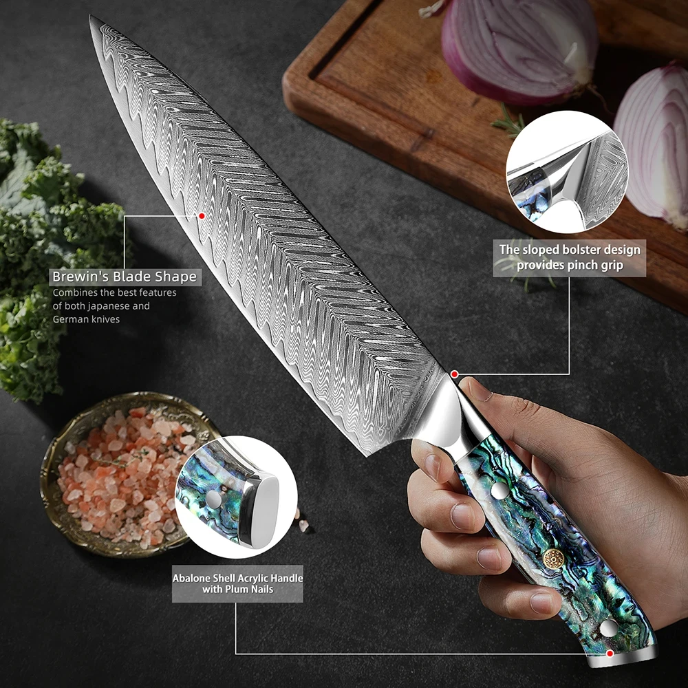 

Professional Japanese Chef Knife 8 inch VG10 Damascus Steel Kitchen Knives Sharp Cleaver Knife Full Tang Abalone Shell Handle
