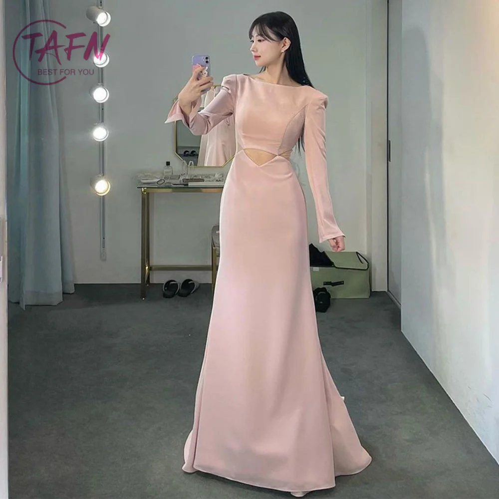 

TAFN Pink Evening Dresses Boat Neck Long Sleeves A-line Korea Wedding Reception Dresses Floor-Length Party Gown Photo Shoot