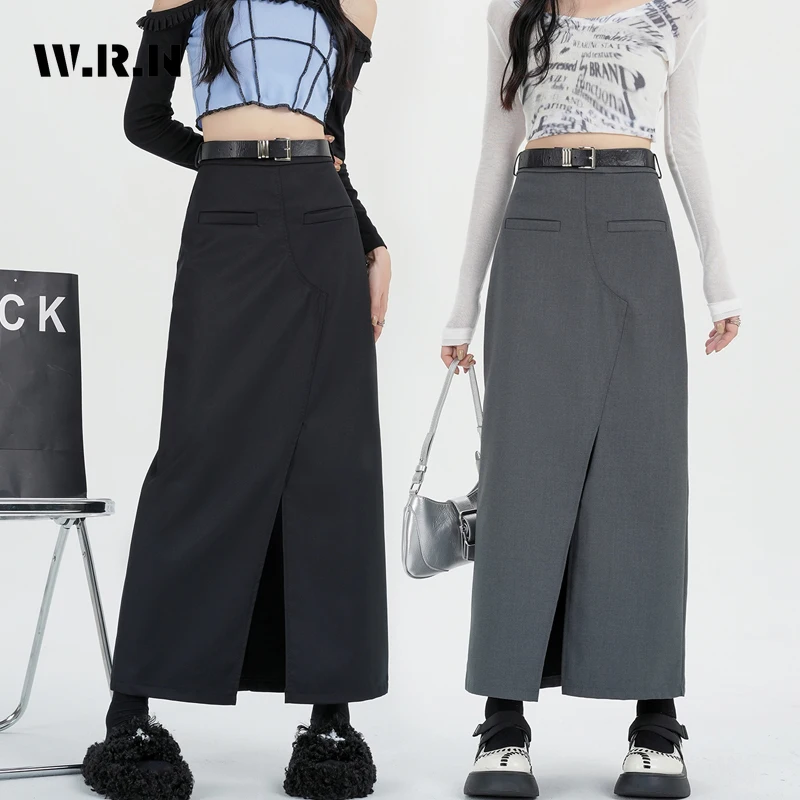 2023 Autumnr Office Lady Style Solid Color Soft Mid Long Suits Skirts Women Vintage Casual High Waist Slim Fit A-Line Skirt Y2K