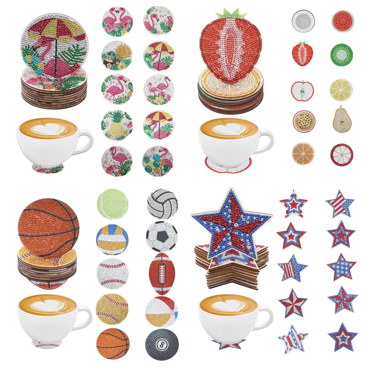 10 DIY diamond painting sets: Flamingo/Fruit/Ball/American Star pattern coasters, frameless wooden coasters, living room