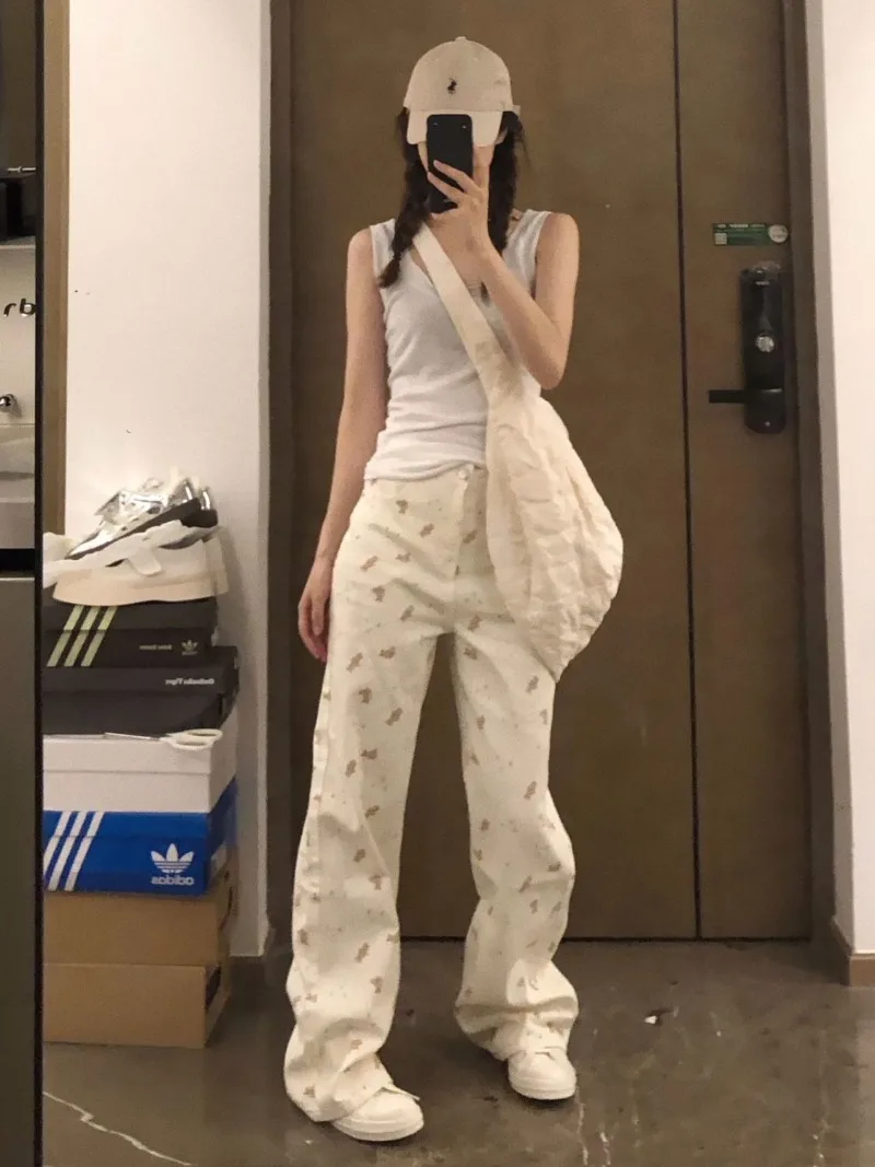 Overall Bear Print Jeans High Waist Loose Y2k Hip Hop Wide Leg Pants Women Denim Straight Korean White Harajuku Chic Trousers