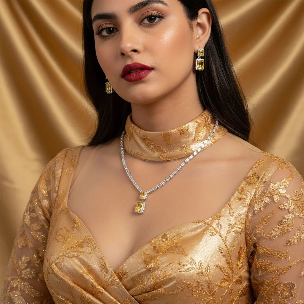 

New Square Cubic Zirconia Necklace & Earrings Set, Light Luxury Square Clavicle Chain, Versatile Summer Jewelry for Women