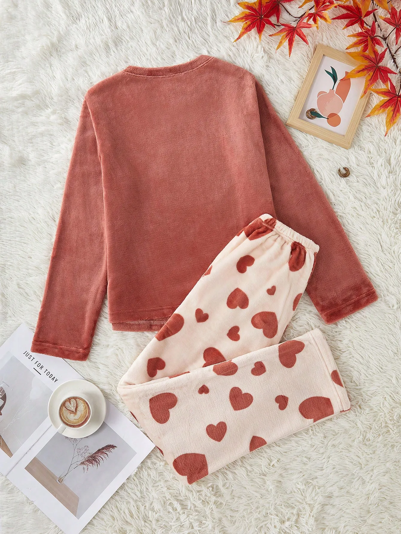 Heart Shaped Flannel Long Sleeve Top & Pants Fluffy Pajama Set, Fall Winter Clothes, Cozy