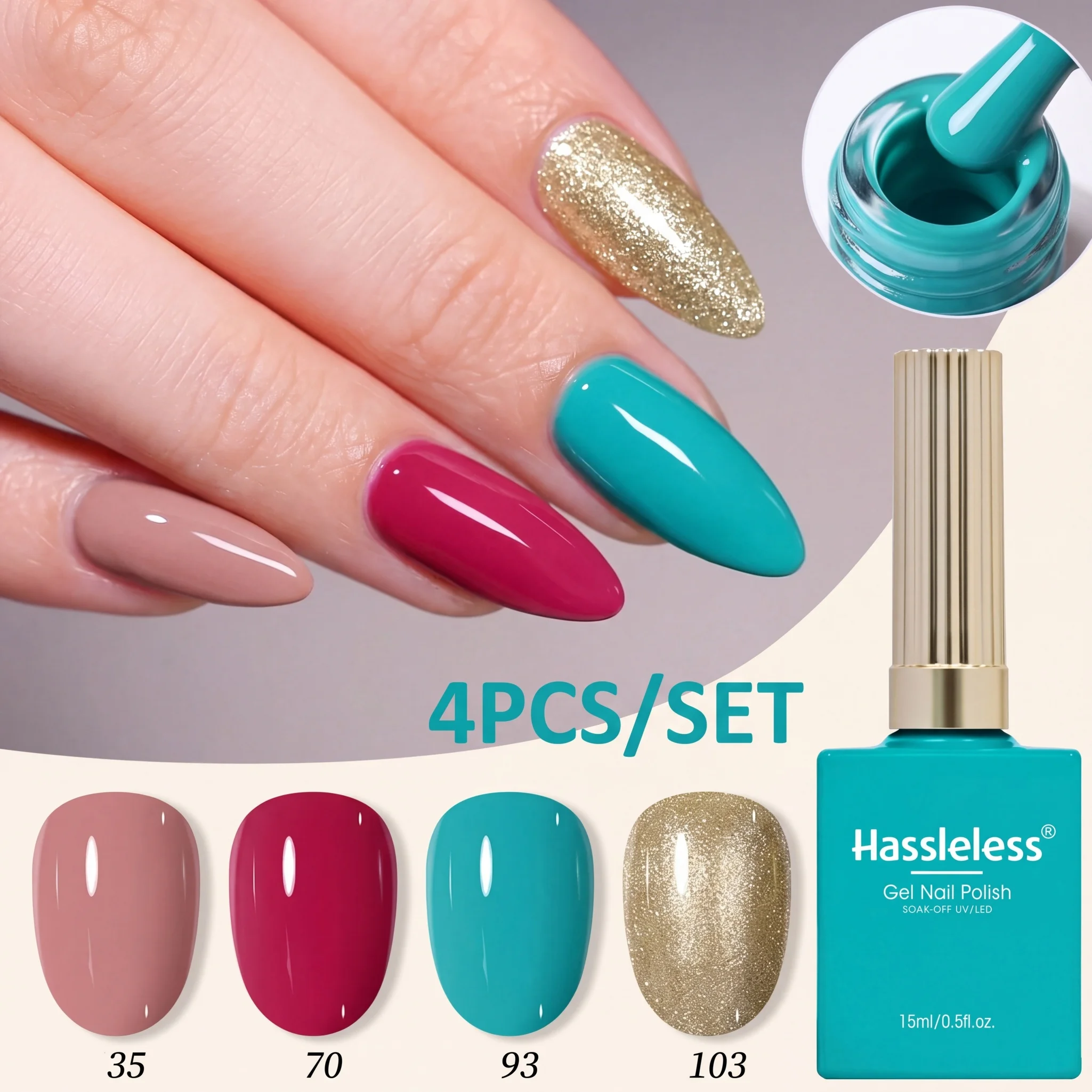 Hassleless 4Pcs Nude Rose Red Lake Blue Glitter Nail Polish Gel Set Solid Color + Metallic Glitter Removable Nail Polish Gel Home DIY Nail Salon Travel Date Party Creative Nail Art Gift Set