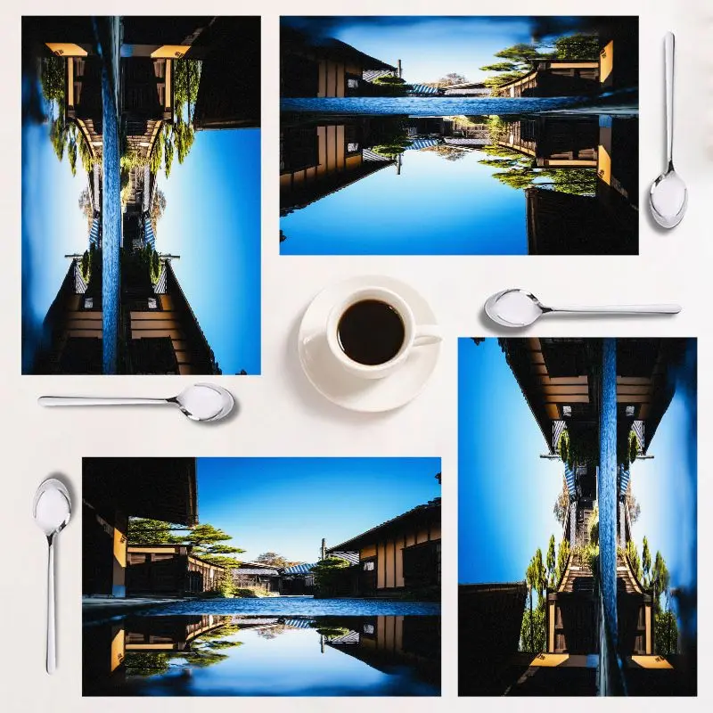 

4-piece placemat set, blue landscape print, easy to clean, rectangular, 12×18 inches, perfect for home decor and holidays, ins-s