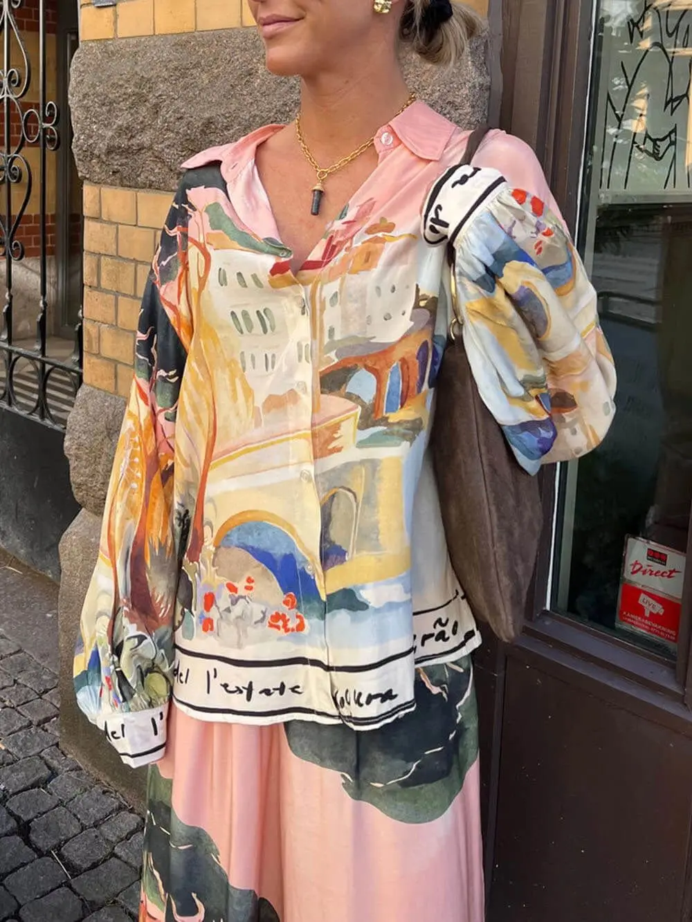 Fashion Printed 2 Piece Set Loose Lapel Buttoned Long Sleeved Shirt Elastic Waist Wide Leg Trousers Suit Spring Commuter Set