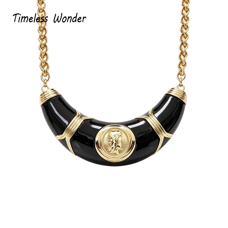 Timeless Wonder Retro Enamel Figure Geo Crescent Pave Necklace Women Designer Jewelry Top Rare Trendy Classy 2612