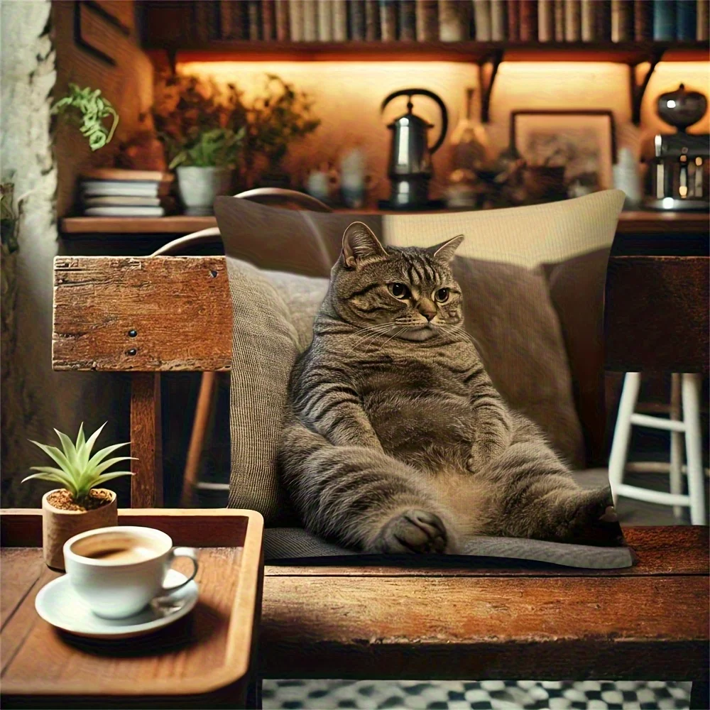 1 Stück großer, flauschiger grauer Tabby-Katzen-Kissenbezug – weicher Polyester-Kissenbezug mit Reißverschluss, realistisches sitzendes Katzen-Design – Detail 4