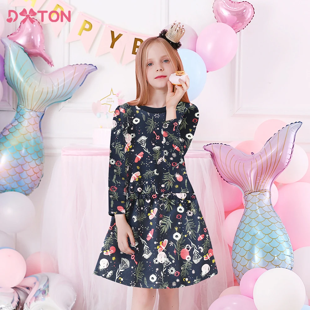 DXTON Winter Children Dresses Girls Casual Long Sleeve Dress Floral Print Kids Vestidos Warm Cotton Toddler Baby Girls Clothing