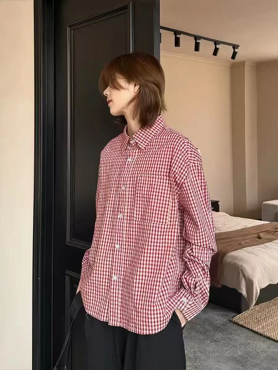 

2026 New American Red Plaid Long Sve irt Loose Casual ex Spring Autumn Couple's Cheered irt Polyester Fiber