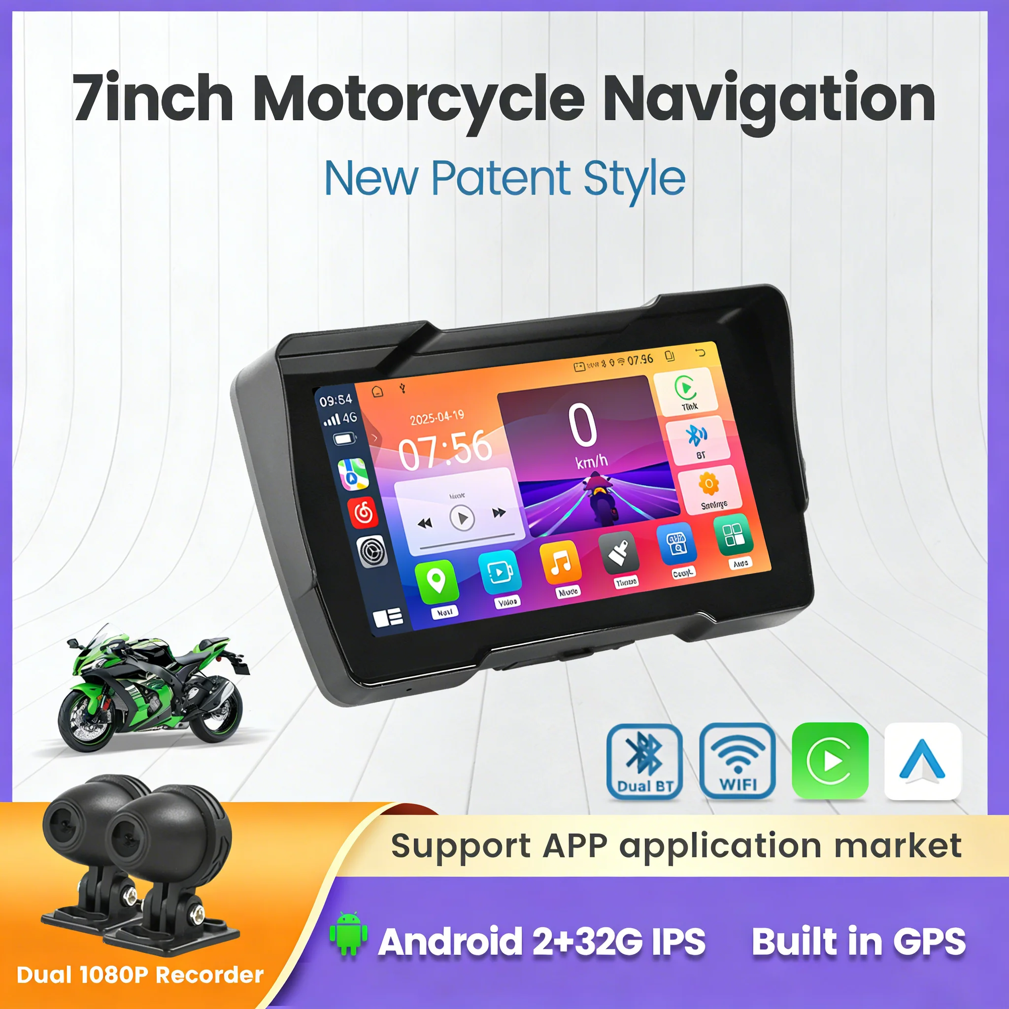 

7-дюймовый Android-дисплей для мотоцикла с беспроводным CarPlay, портативный GPS-навигатор, двойная камера-регистратор 1080P, Wi-Fi, двойной Bluetooth