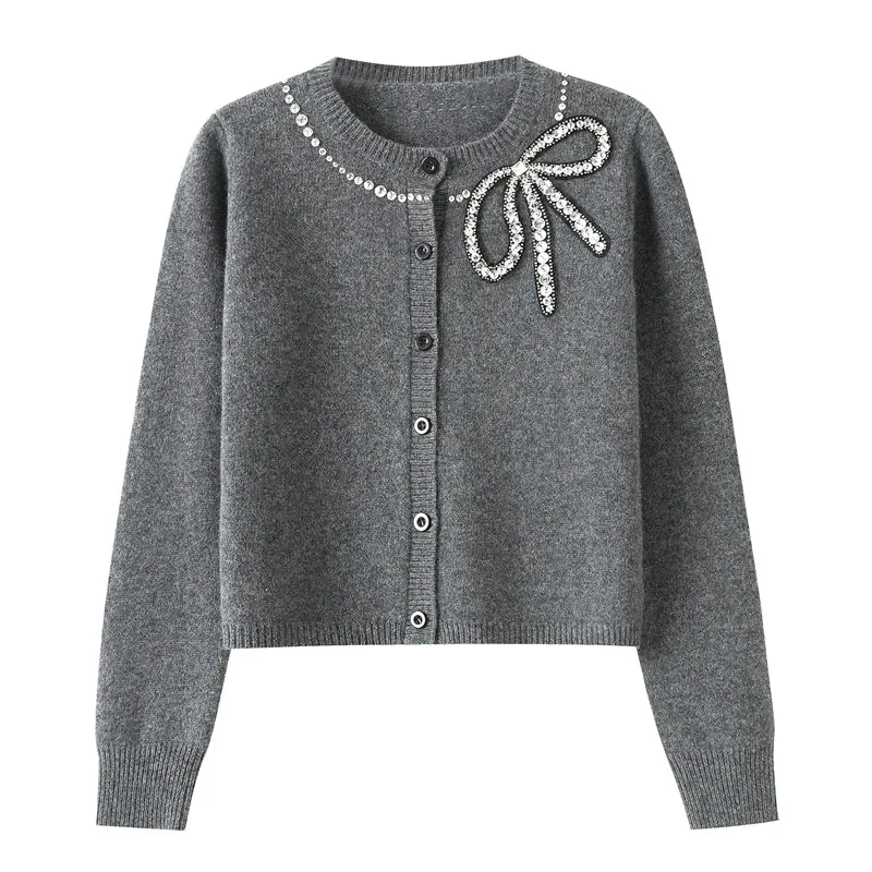 

New Arrival Knitting Cotton Long Sleeve Cardigan Beading Bow Cardigan