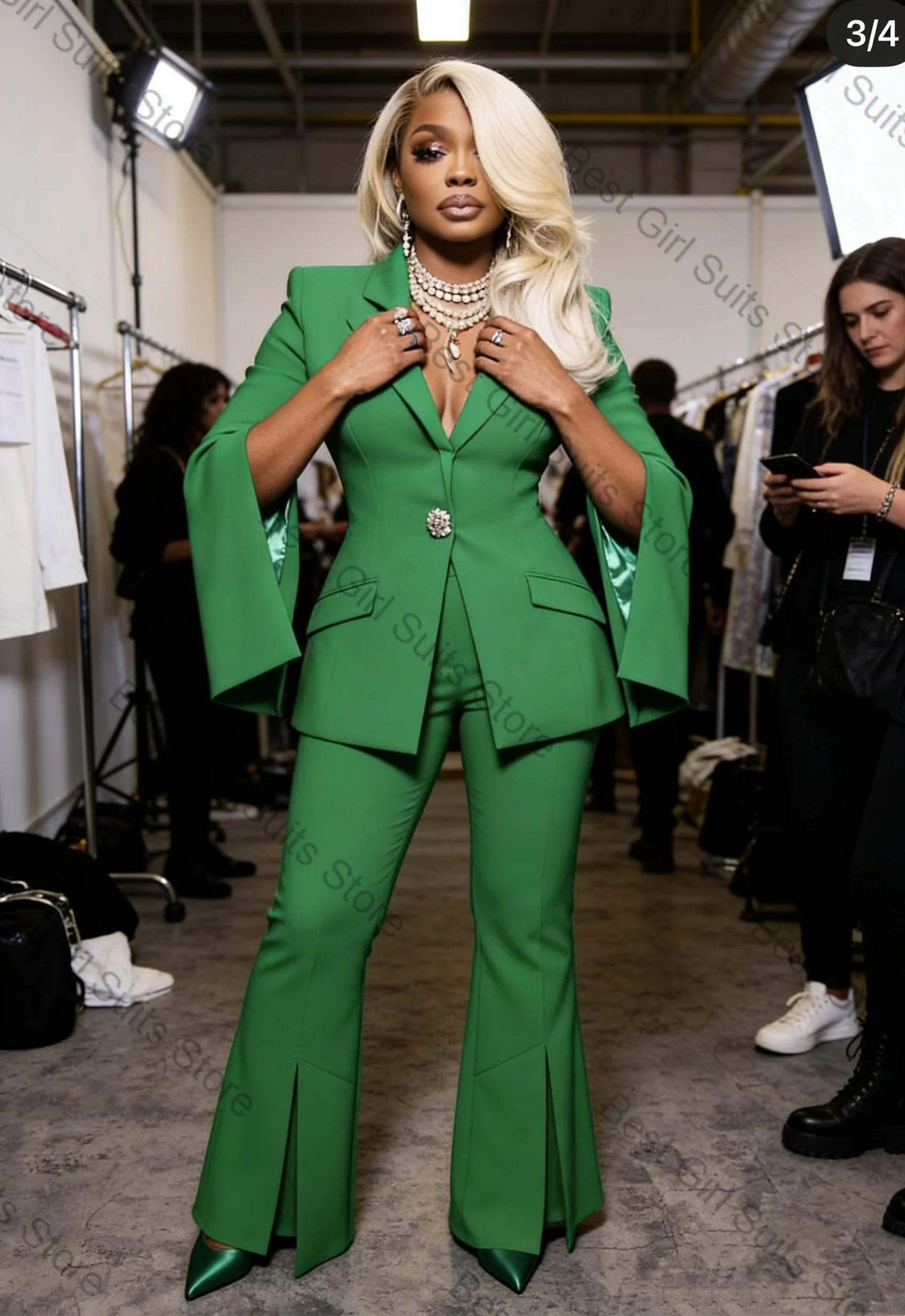 

Green Elegant Women Suit Set 2 Piece Blazer+Pants Split Sleeves Cotton Spring Formal Office Lady Jacket Customized Wedding Coat