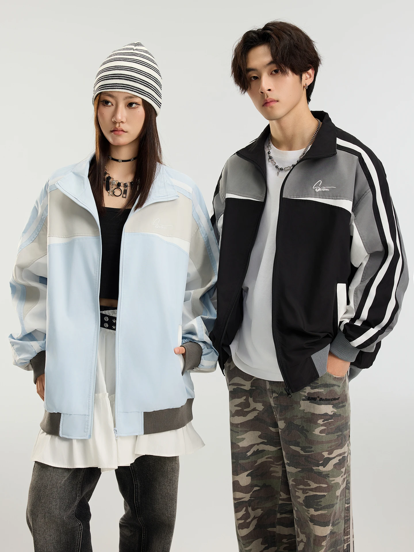 

American Retro Striped Splicing Stand Collar Jaet Men's Spring New College Sle Couple Sports Coat Youth ular Loose Fit