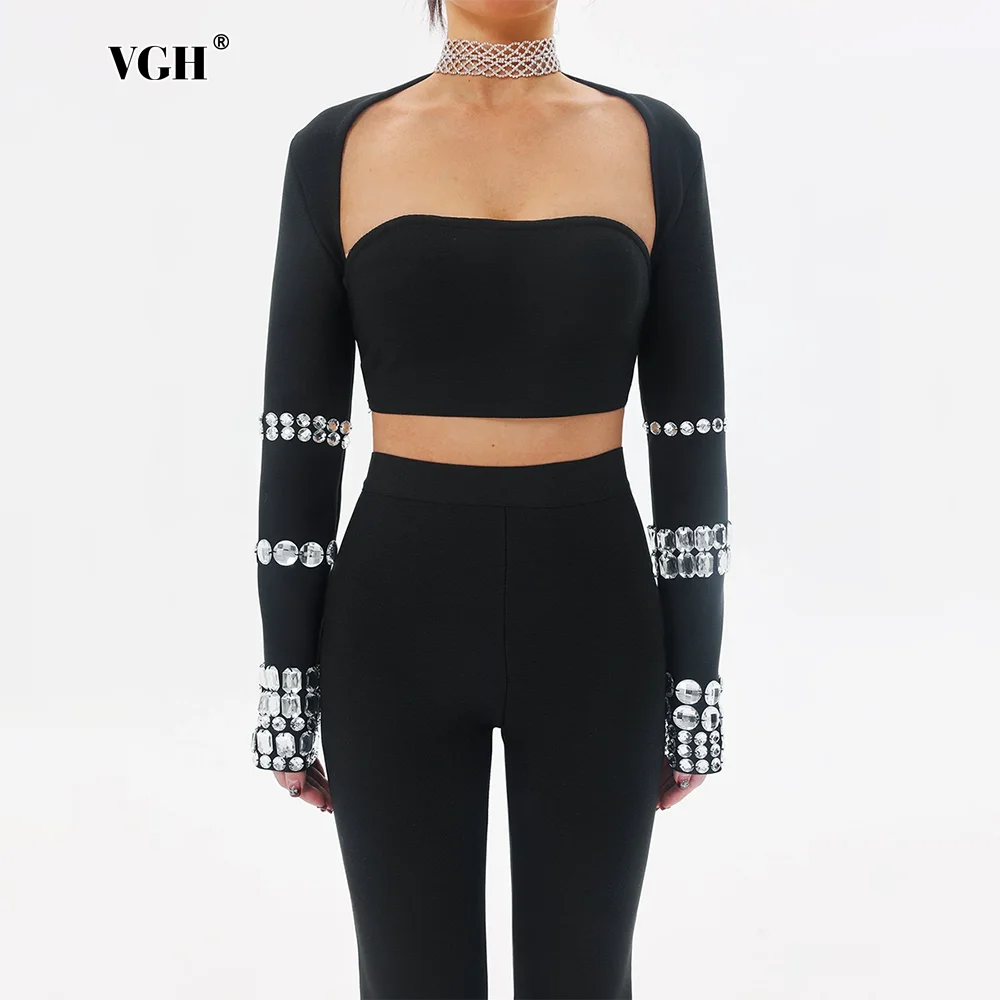 VGH Temperament Spliced Diamonds Party Jackets For Women Round Neck Long Sleeve Soild Slimming Winter Coat Female Fashion Style