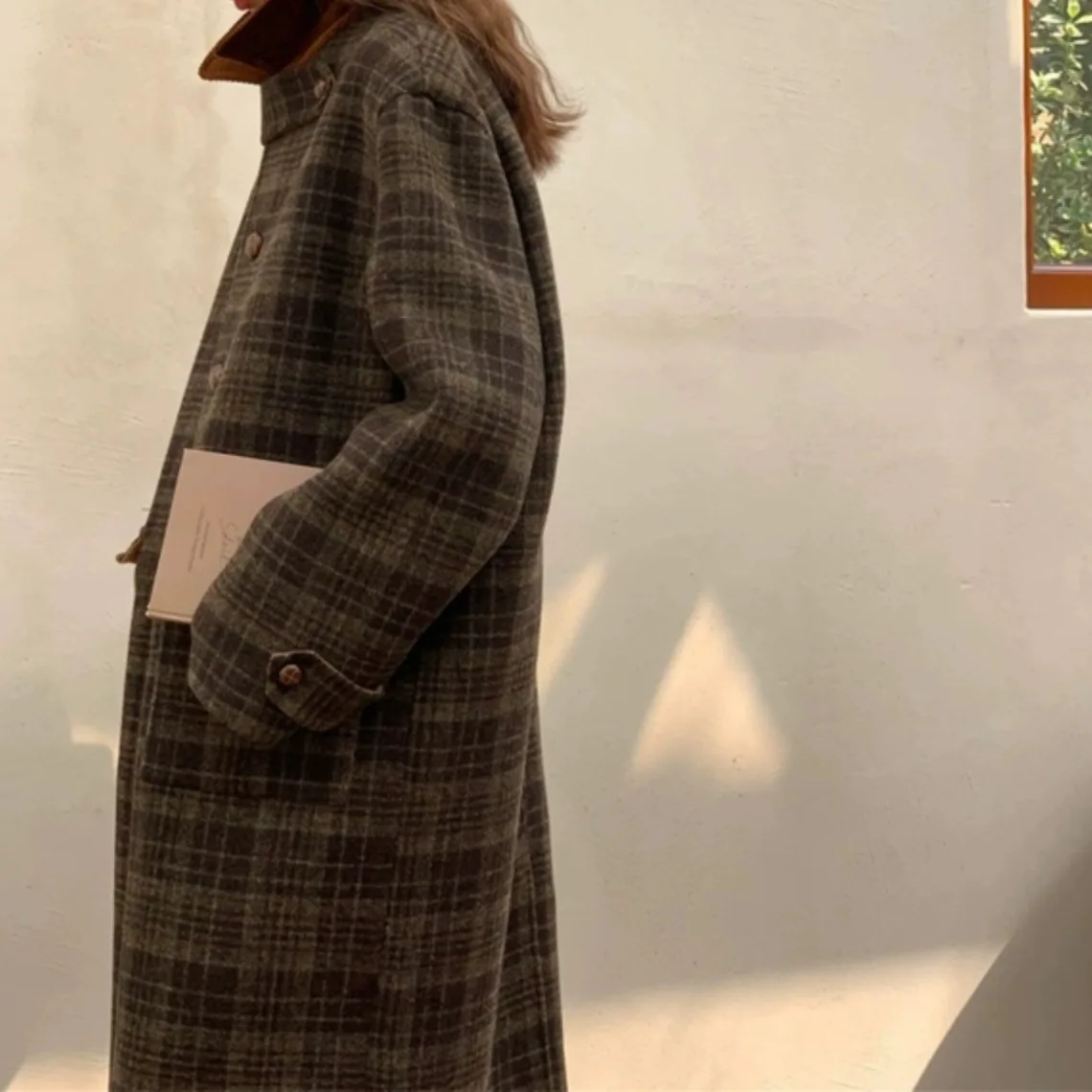 

Long plaid woolen coat women's woolen coat autumn and winter Korean small man high sense Hepburn style British style