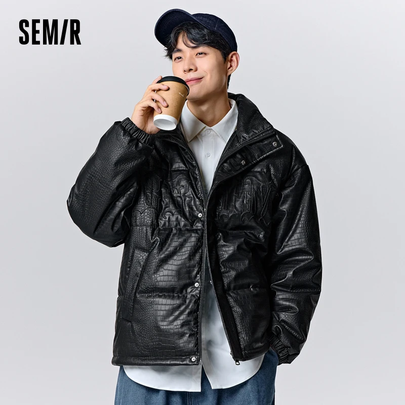 Semir Jacket Men 2023 Winter New Simulated Leather Trendy PU Bread Clothes Fashion Embroidered Loose Warm Jackets