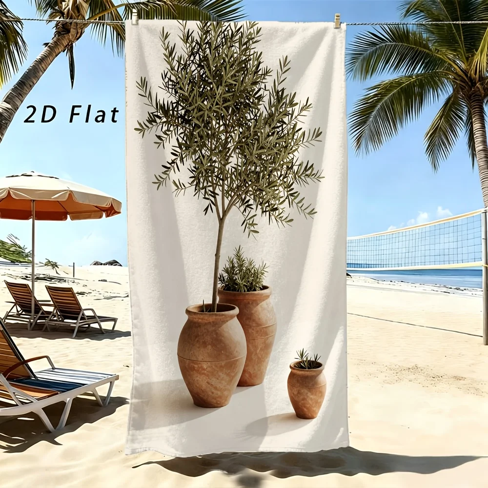 Terracotta Plant Beach Towel Mediterranean Minimalist Design for Home Decor Yoga Studio & Cafe Aesthetic