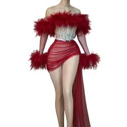 Conjunto de 2 piezas de lentejuelas de malla roja, vestido de porristas de Las Vegas, ropa de escenario Sexy para embarazadas, Showgirl, encantador, transparente, Drag Queen