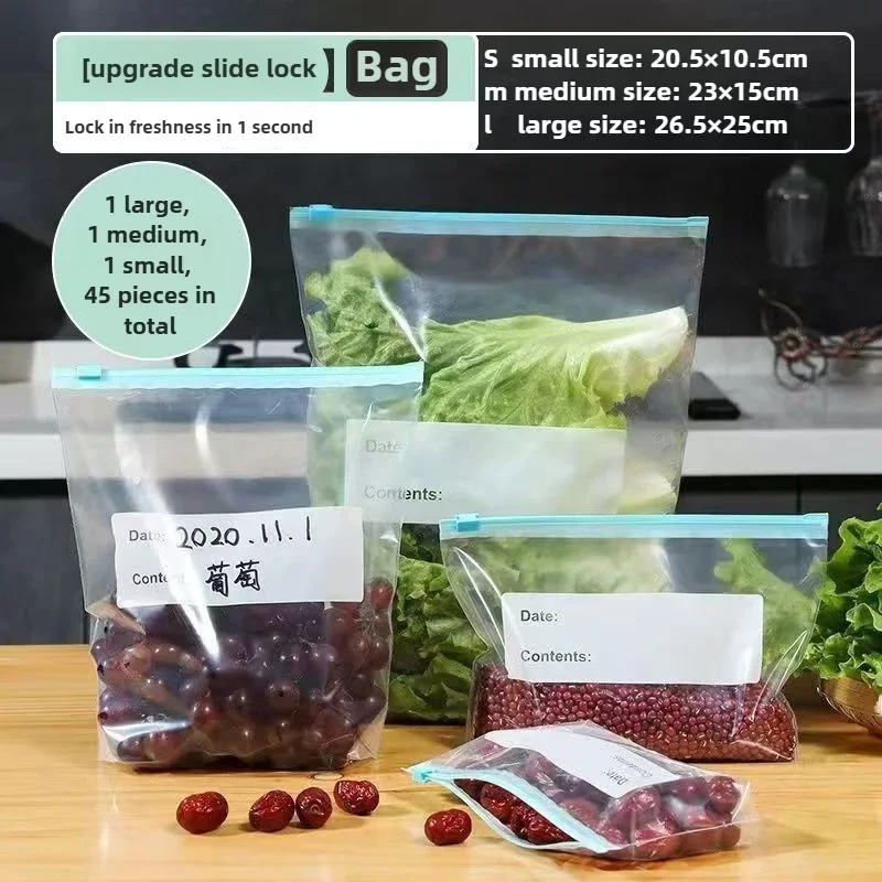 45PCS Reusable Zipper Bag Stand Up Zip Shut Plastic Freezer Bag Fruit Vegetable Ziplock Kitchen Food Storage Organizer Pouch