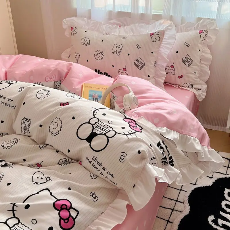 Sanrio Pure Cotton Four Piece Bed Cartoon HelloKitty Anime Cute Cinnamoroll Cotton Quilt Cover Children's Dormitory Girl SetGift