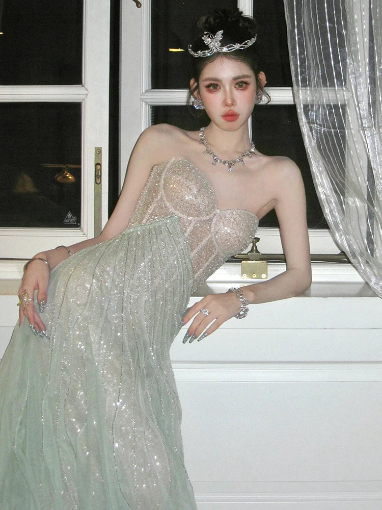 Ele Long Evening Gown with Strapl Design for Par Wedding Performance Fairy Sle Forest System Adult Ceremony