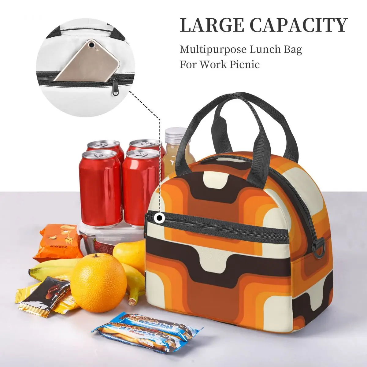 Mid-Century Modern Meets 1970s Orange Insulated Lunch Bag for School Picnic Storage Food Boxes Cooler Thermal Lunch Box Tote