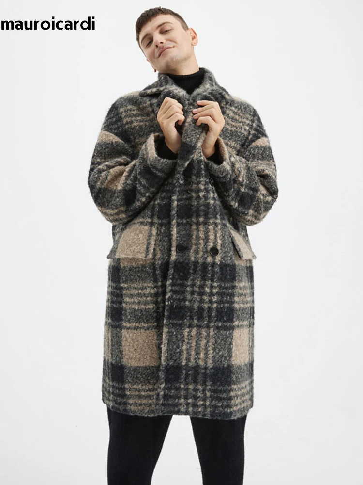 Mauroicardi Autumn Winter Long Loose Stylish Thick Warm Colorful Plaid Wool & Blends Coat Men Double Breasted Runway Fashion