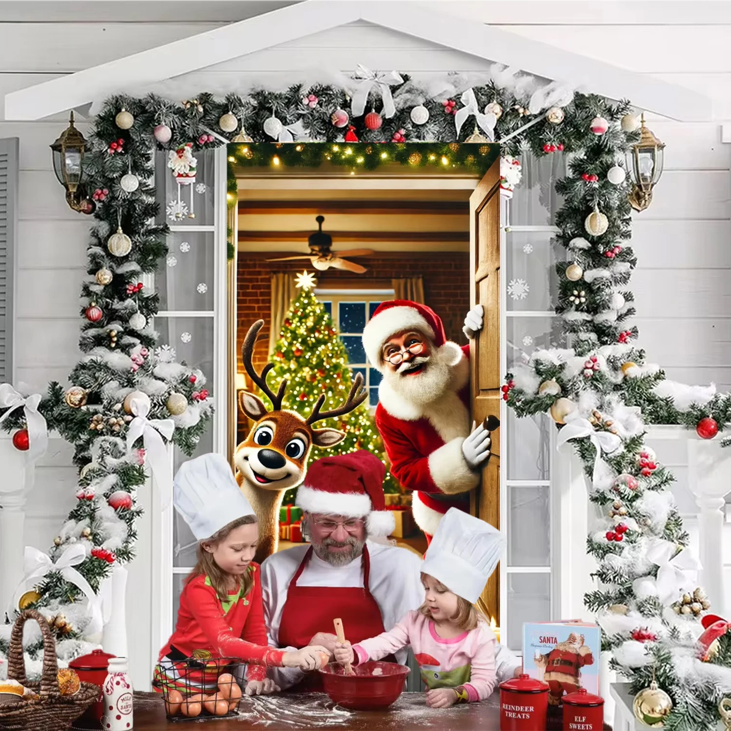 Christmas Santa Theme Nut Cracker Snowman Door Banner Ornaments Door Cover Banner Photography Background Indoor Outdoor Veranda
