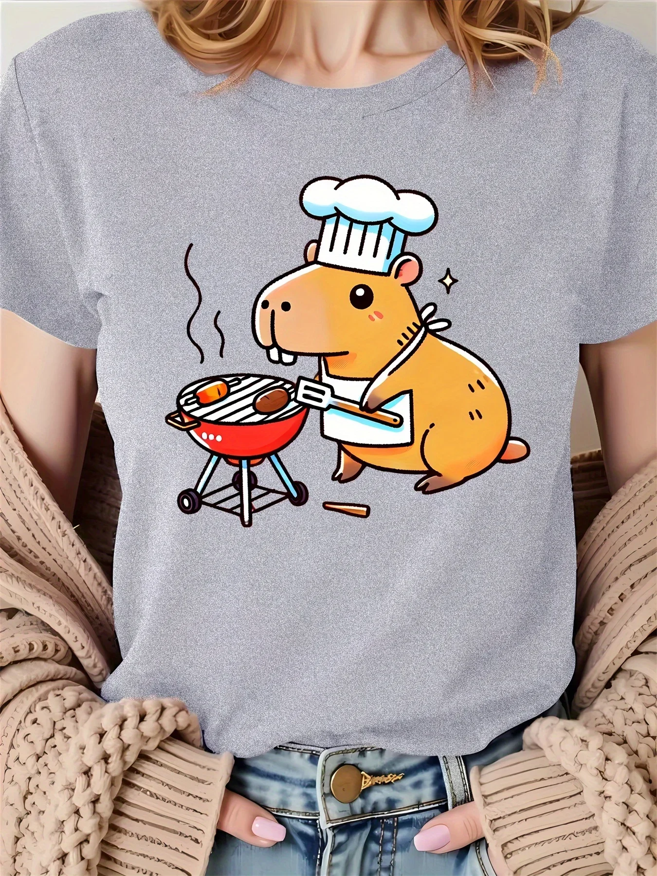 Camiseta blanca de manga corta para mujer, bonito conejillo de indias, Chef, barbacoa, estampado gráfico, manga corta, ropa de calle Harajuku, camisetas