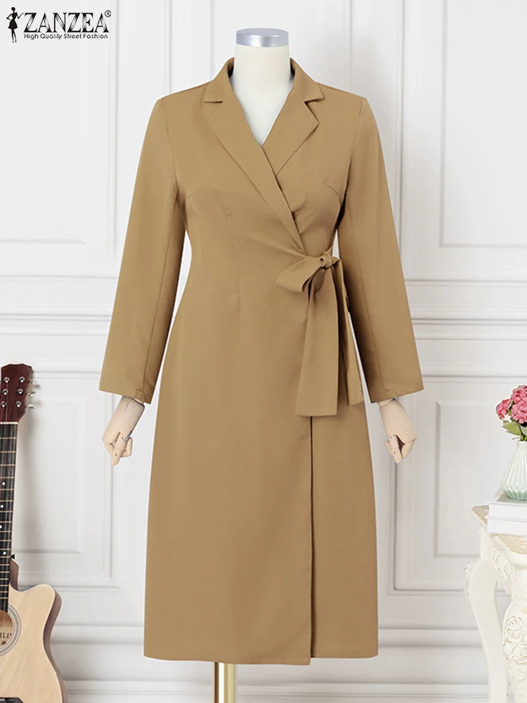 ZANZEA Elegancka Sukienka Garniturowa 2025 Damska Biurowa Vestidos Jesień Wakacje Pasek w Talii Jednolita Moda Długi Rękaw Midi Szata