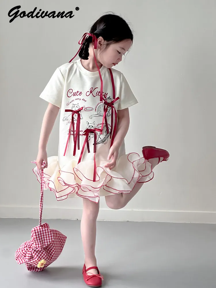 Little Girls Sweet Korean High End Dress 2026 New Summer Kids Cute Print Bow O-neck Short Sleeve Ruffle Hem Vacation Beach Dress