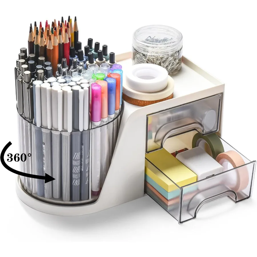 

Rotating Desk Organizer with 2 Drawer Peil Pen Holder for Desk Desk Organize and Accessories with 4 Compartments + Drawer for O