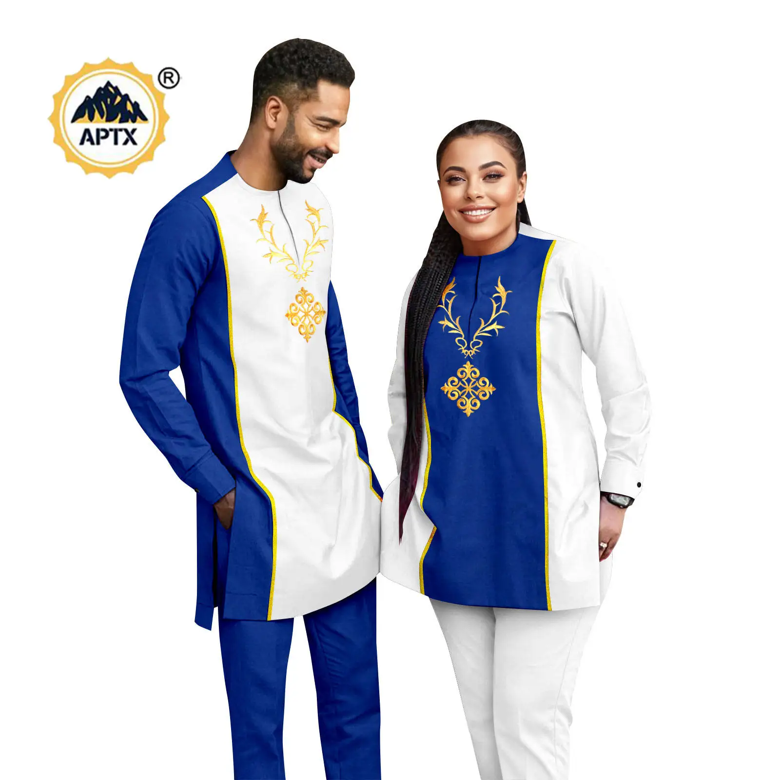 Bazin Riche 아프리카 여성 패치 워크 의류 매칭 커플 의상 Dashiki Kaftan 남성 아플리케 탑과 바지 세트 25C029