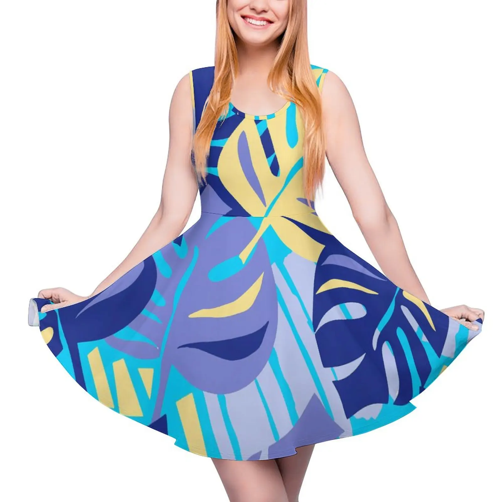 Tropical Leaf Dress Blue And Orange Elegant Dresses Sleeveless Street Fashion Skate Dress Womens Pattern Vestidos Gift Idea