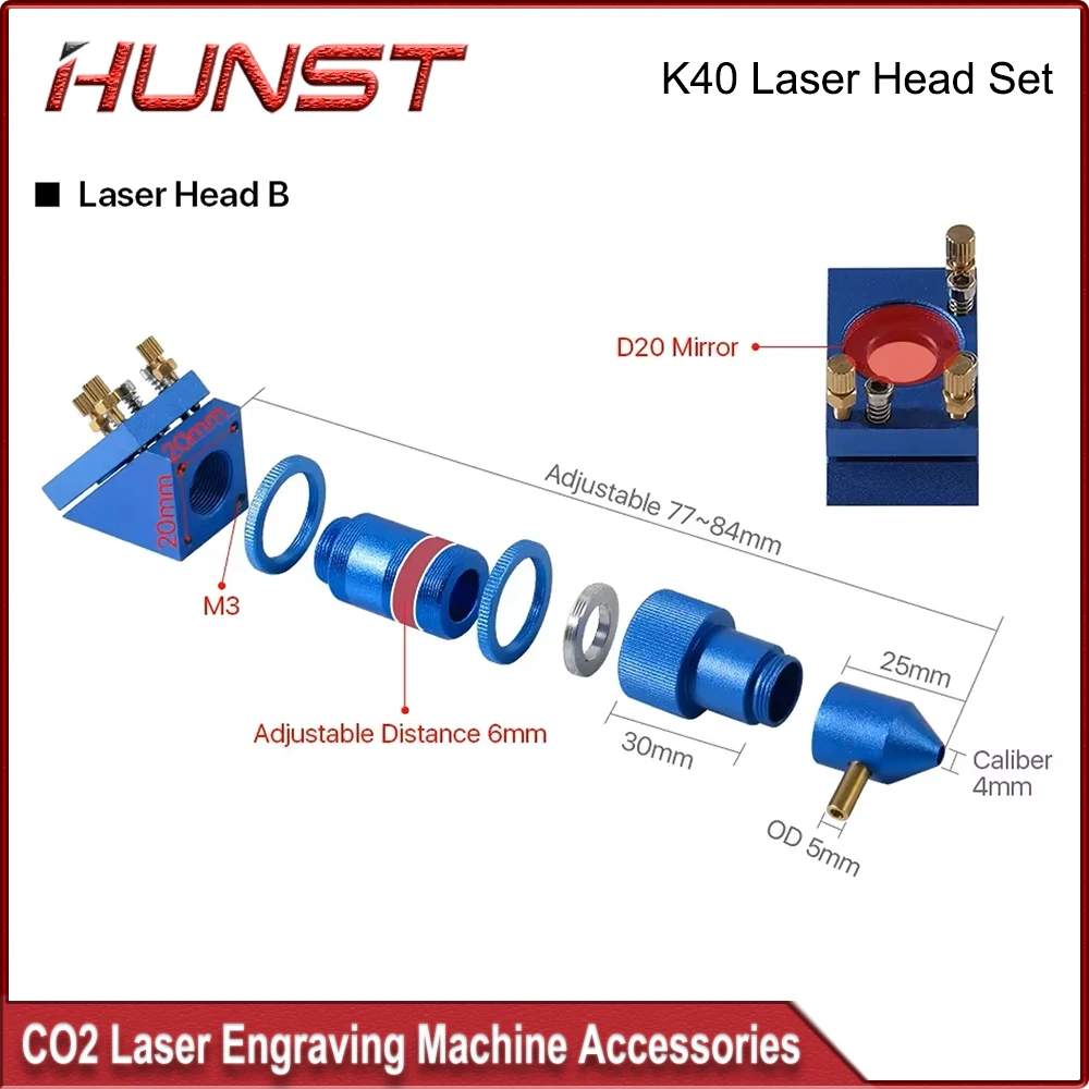 HUNST K40 Series Co2 Laser Head Set Lens Diameter 12 / 20mm Mirror 20mm Blue for 2030 4060 Mini Desktop Laser Machine