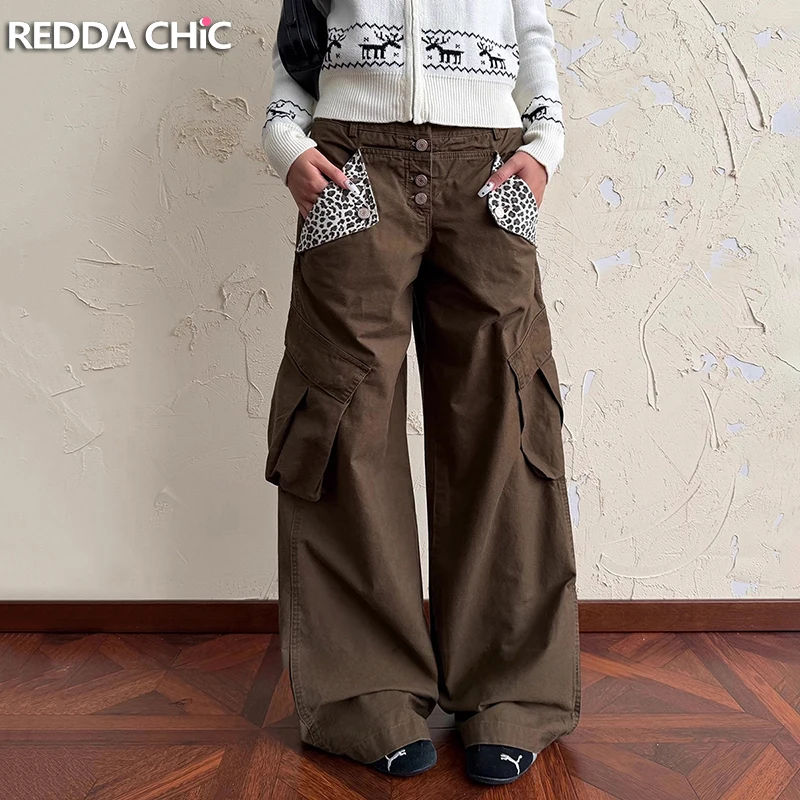 REDDACHiC Women Buttoned Low Rise Cargo Pants Leopard Patchwork Multi-pocket Low Waist Baggy Jeans Harajuku Vintage Streetwear